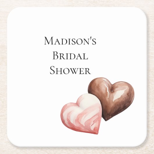 ロマンチックなチョコレートイチゴハート ブライダルシャワー スクエアペーパーコースター (正面)