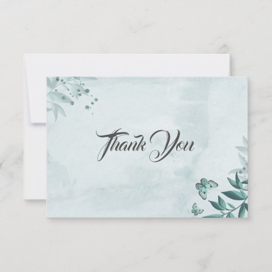 ロマンチックなティール（緑がかった色）ブルー葉蝶の植物学 サンキューカード (正面)