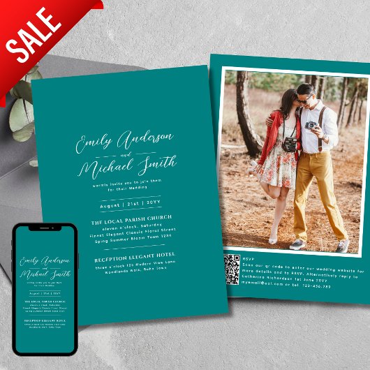 ロマンチックなティール（緑がかった色）写真Qrコード結婚Rsvp 招待状