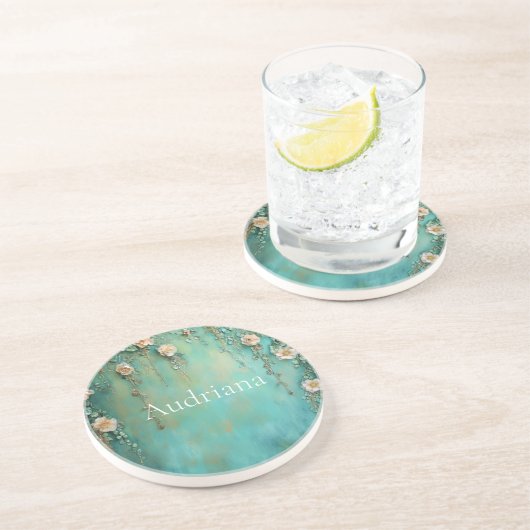 ロマンチックなティール(緑がかった色)赤面ピンクの花 コースター (側面)