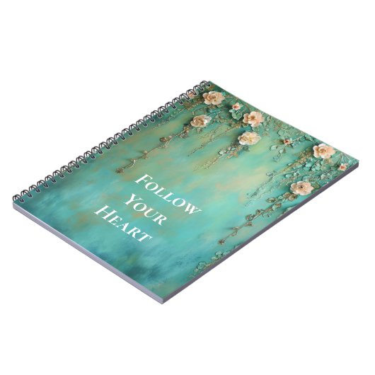 ロマンチックなティール(緑がかった色)赤面ピンクの花 ノートブック (左側)