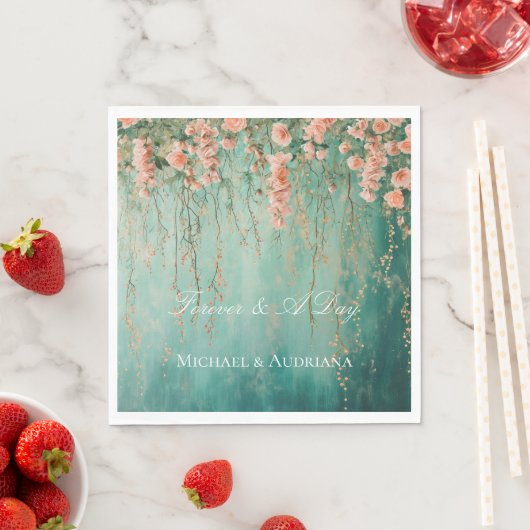 ロマンチックなティール（緑がかった色）赤面ピーチ結婚フラワーズ スタンダードランチョンナプキン (インサイチュ)