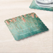 ロマンチックなティール（緑がかった色）赤面ピーチ結婚フラワーズ ペーパーコースター (アングル)