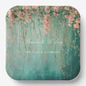 ロマンチックなティール(緑がかった色)赤面ピーチ結婚フラワーズ ペーパープレート (正面)