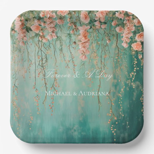 ロマンチックなティール(緑がかった色)赤面ピーチ結婚フラワーズ ペーパープレート (正面)
