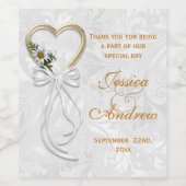 ロマンチックなデイジー、金ゴールドハート&ホワイトリボン ワインラベル (シングルラベル)