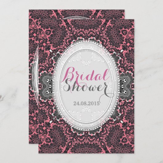 ロマンチックなデュスキーピンクヴィンテージダマスクブライダルシャワー 招待状 (正面/裏面)