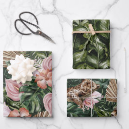 ロマンチックなトロピカルヒョウフローラソフトピンクグリーン ラッピングペーパーシート