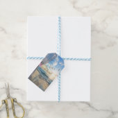 ロマンチックなトロピカルビーチ、夕焼け、 カーテン、 花々 ギフトタグ (より糸付き)