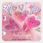 ロマンチックなドードルウォーター色のハートバレンタインデー スクエアシール (正面)