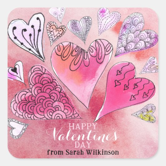 ロマンチックなドードルウォーター色のハートバレンタインデー スクエアシール (正面)