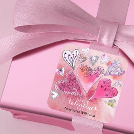 ロマンチックなドードルウォーター色のハートバレンタインデー スクエアシール