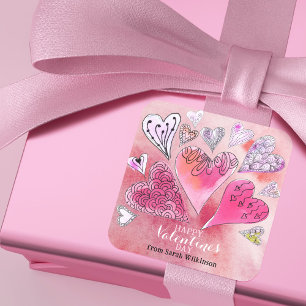 ロマンチックなドードルウォーター色のハートバレンタインデー スクエアシール