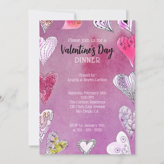 ロマンチックなドードルウォーター色のハートバレンタインデー 招待状 (正面)