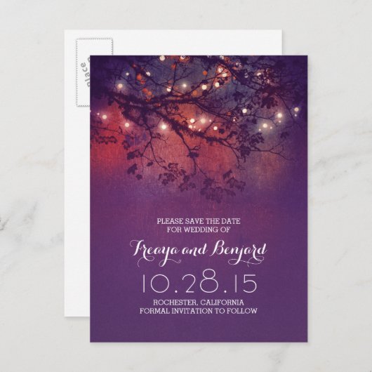 ロマンチックなナイトライト紫の素朴な日付を保存 案内ポストカード (正面/裏面)