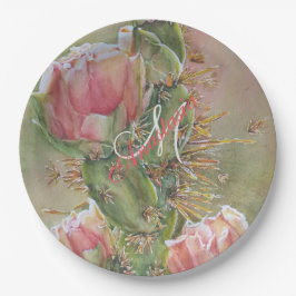 ロマンチックなナシのサボテン花モノグラムパーティー ペーパープレート