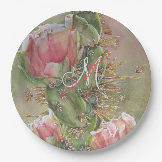 ロマンチックなナシのサボテン花モノグラムパーティー ペーパープレート (正面)
