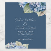 ロマンチックなネイビーの水彩アジサイの花 ワインラベル (シングルラベル)