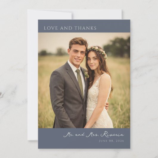 ロマンチックなネイビーの結婚式の写真 サンキューカード (正面)