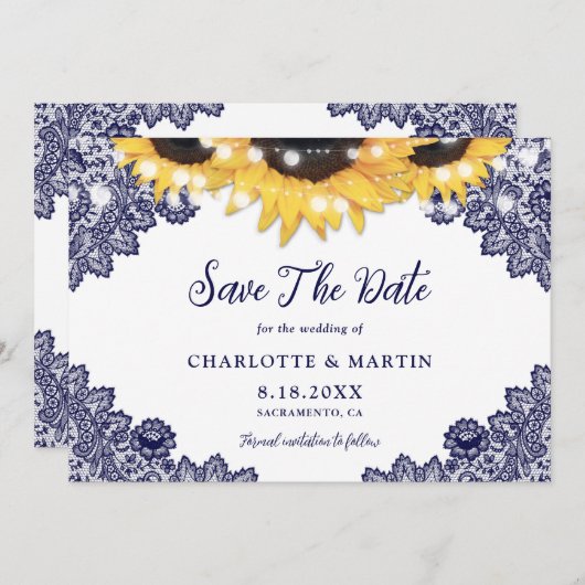 ロマンチックなネイビーブルーサンフラワー結婚ズ セーブザデート (正面/裏面)