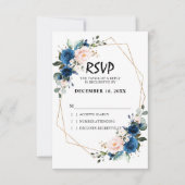 ロマンチックなネイビーブルー赤面ピンクフローラ幾何学模様 出欠カード (正面)