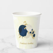 ロマンチックなネイビーブルー&ホワイトの花金ゴールド 紙コップ (裏面)