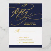 ロマンチックなネイビー結婚ゴールドフォイルシンプルのRSVPカード 箔招待状ポストカード (正面)