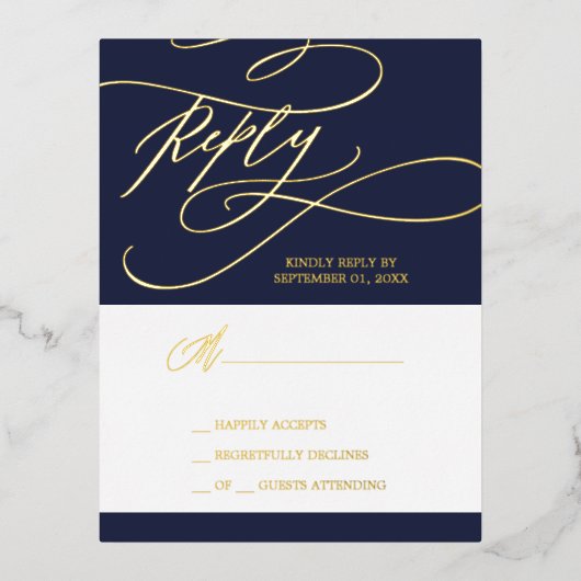 ロマンチックなネイビー結婚ゴールドフォイルシンプルのRSVPカード 箔招待状ポストカード (正面)