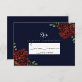 ロマンチックなネイビー&レッドローズウェディングRSVP 出欠カード (正面/裏面)