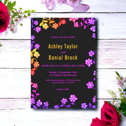 ロマンチックなネオンカラーバラグローフローラ結婚ズ 招待状