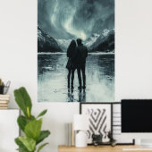 ロマンチックなノーザンライト – 木炭アート ポスター (ホームオフィス)