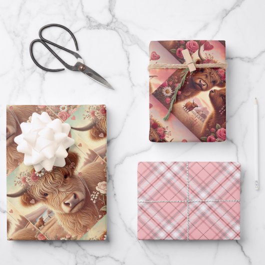 ロマンチックなハイランドカウバレンタインデー ラッピングペーパーシート (正面)
