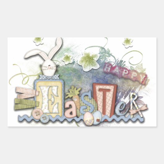ロマンチックなハッピーイースターバニーグリーティングキュート文字 長方形シール (正面)