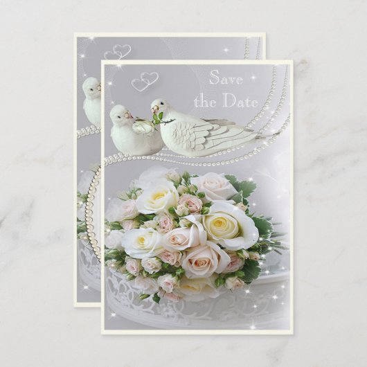 ロマンチックなハトたち、スパークルとローズ　保存の日 セーブザデート (正面/裏面)