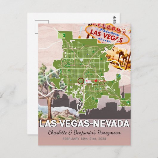 ロマンチックなハネムーン・バケーション ラスベガス ネバダ州 マップ ポストカード (正面/裏面)