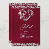 ロマンチックなハートとグリッターオンブルゴーニュ結婚ーズ 招待状 (正面/裏面)