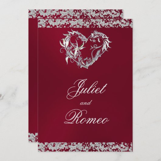 ロマンチックなハートとグリッターオンブルゴーニュ結婚ーズ 招待状 (正面/裏面)