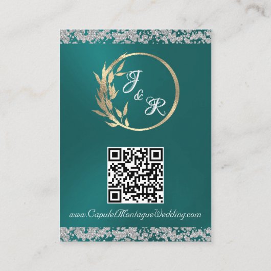 ロマンチックなハートとグリッター、QRコードのティール（緑がかった色） エンクロージャーカード (裏面)