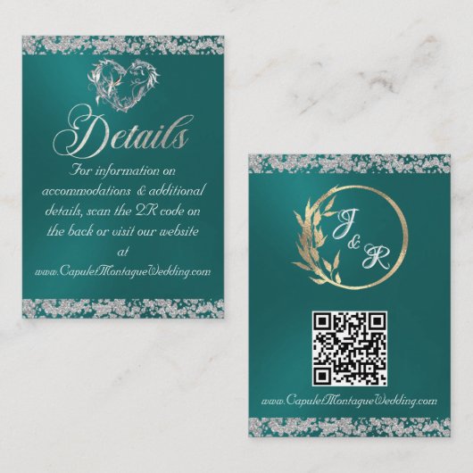ロマンチックなハートとグリッター、QRコードのティール（緑がかった色） エンクロージャーカード (正面/裏面)