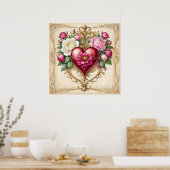 ロマンチックなハートとバラヴィンテージ ポスター (キッチン)