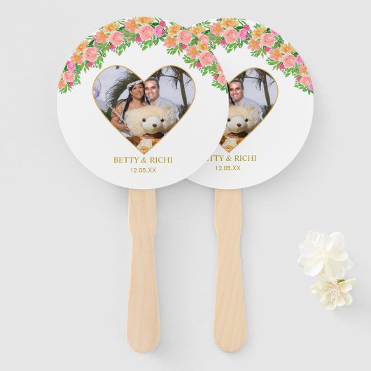 ロマンチックなハートとピンクの花 ハンドファン (正面&裏面)