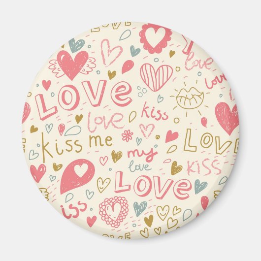 ロマンチックなハートと唇のパターン マグネット (正面)