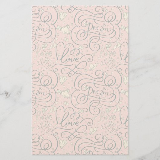 ロマンチックなハートと鳥のパターン 便箋 (正面)