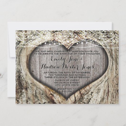 ロマンチックなハートの木の幹の森結婚の 招待状 (正面)