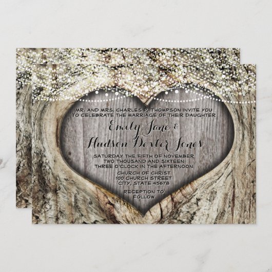 ロマンチックなハートの木の幹の森結婚の 招待状 (正面/裏面)