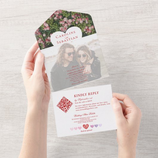 ロマンチックなハートバラガーデンフォトオーバーレイ結婚ズ オールインワン招待状 (貼ってはがせる)