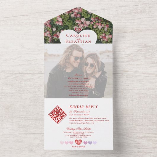 ロマンチックなハートバラガーデンフォトオーバーレイ結婚ズ オールインワン招待状 (内側)