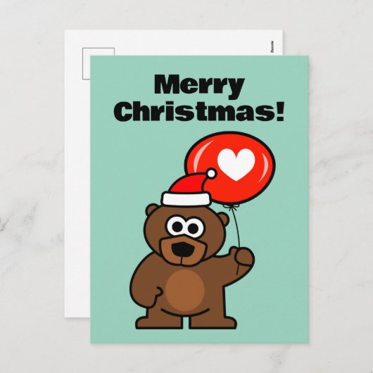 ロマンチックなハートバルーン付きクリスマステディベア シーズンポストカード (正面/裏面)