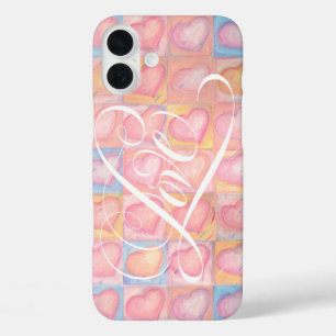 ロマンチックなハートピンクLOVE書道レタリング iPhone 16 PLUSケース