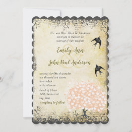 ロマンチックなハートリーフピンクツリーラブバード結婚ズ 招待状